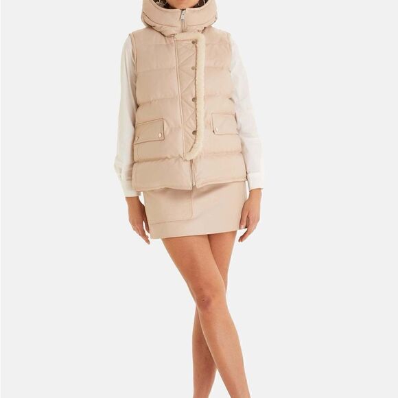 Leather 100% Beige Sleeveless Chic Women’s Furniq Hooded Vest NWT Medium Pocket - Picture 5 of 8